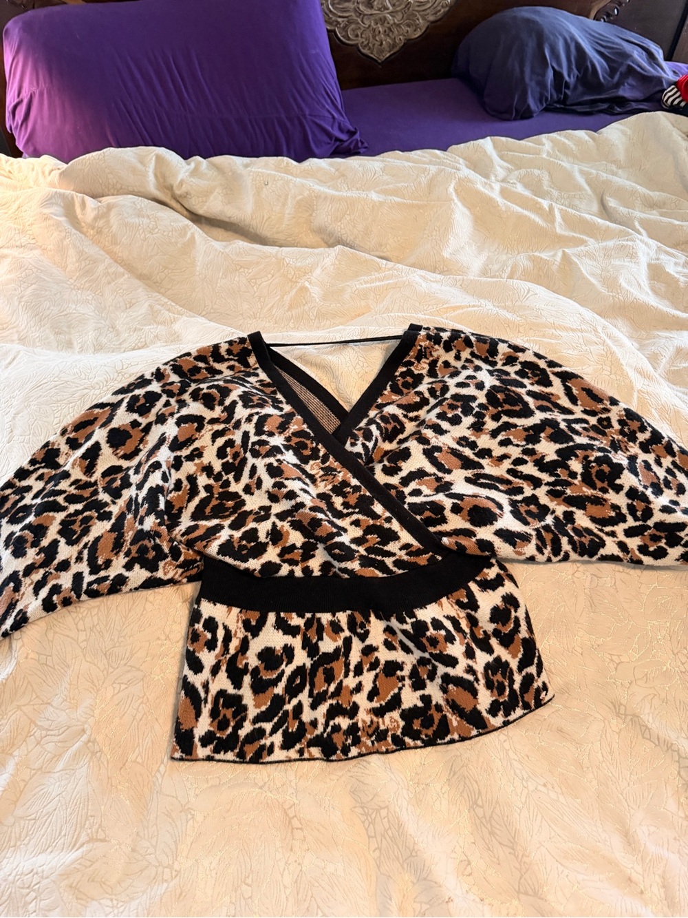 Leopard Print Wrap Knit Sweater- Black Trim